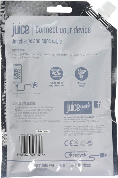 Juice USB Type C 3m Charger and Sync Cable for Samsung Galaxy S20, S10, S9, S8, S20 Plus, Huawei P30, P20, Sony, Apple Ipad 2020, Pro 2020, Air 2020