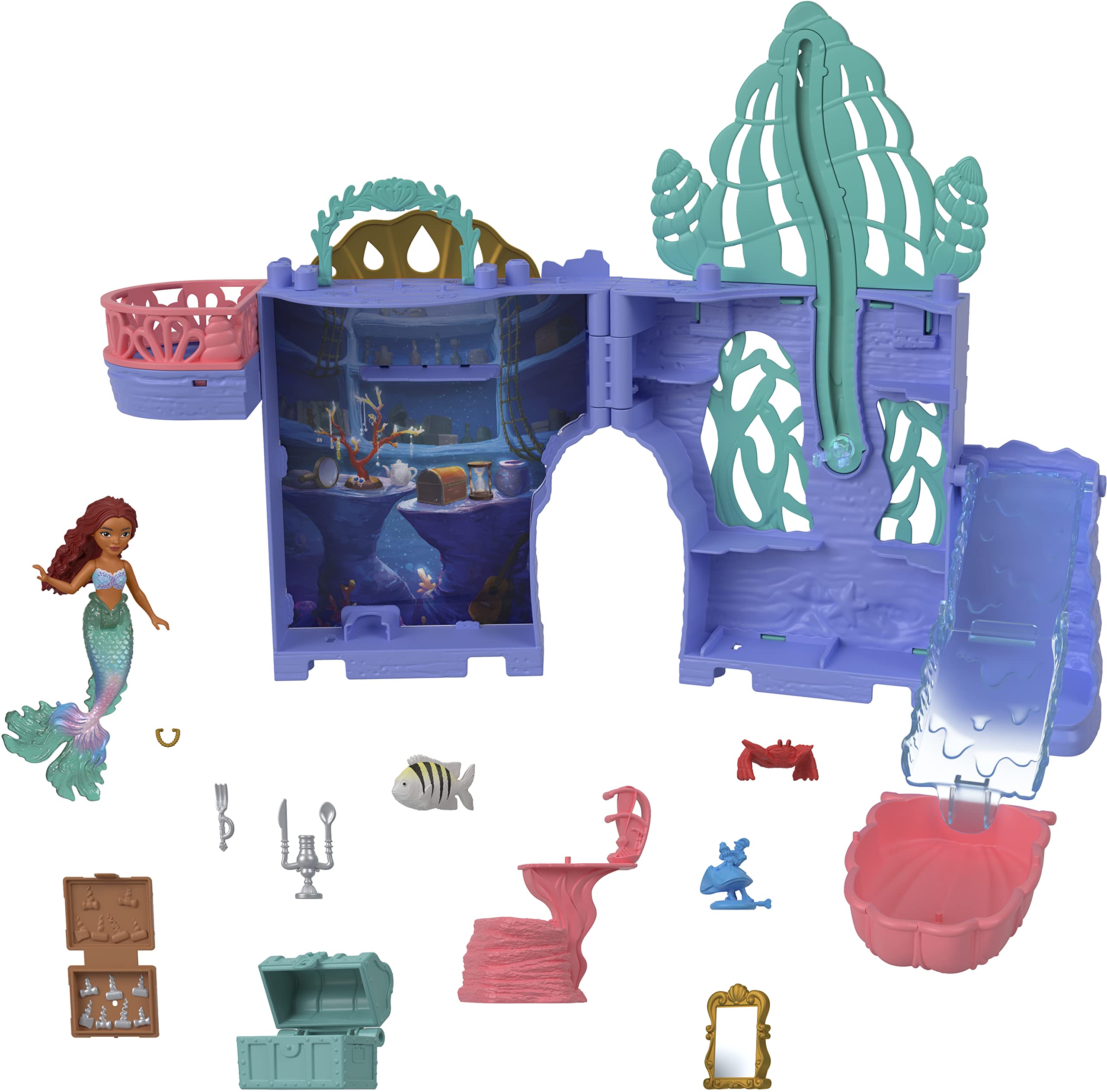 Disney “La Sirenita” Storytime Stackers La gruta de Ariel Conjunto de juego, casa de muñecas apilable con muñeca pequeña y 10 accesorios (Mattel HLX16