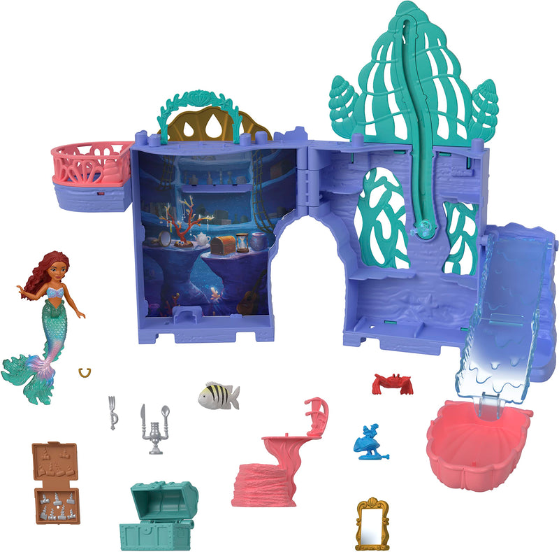 Disney “La Sirenita” Storytime Stackers La gruta de Ariel Conjunto de juego, casa de muñecas apilable con muñeca pequeña y 10 accesorios (Mattel HLX16