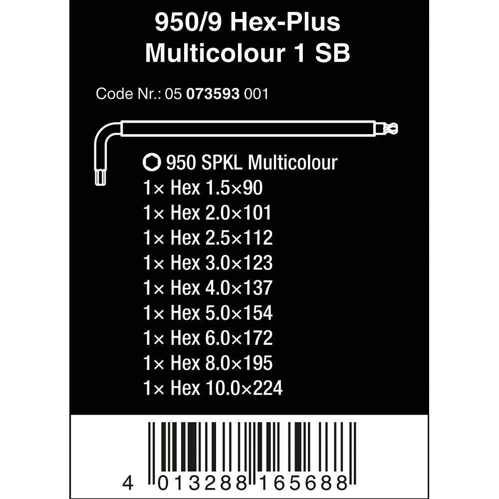 Wera 950 SPKL/9 SM N SB Multicolour BlackLaser L-key set, 9pc, Metric, 1.5-10mm, 05073593001