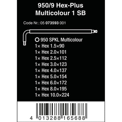 Wera 950 SPKL/9 SM N SB Multicolour BlackLaser L-key set, 9pc, Metric, 1.5-10mm, 05073593001