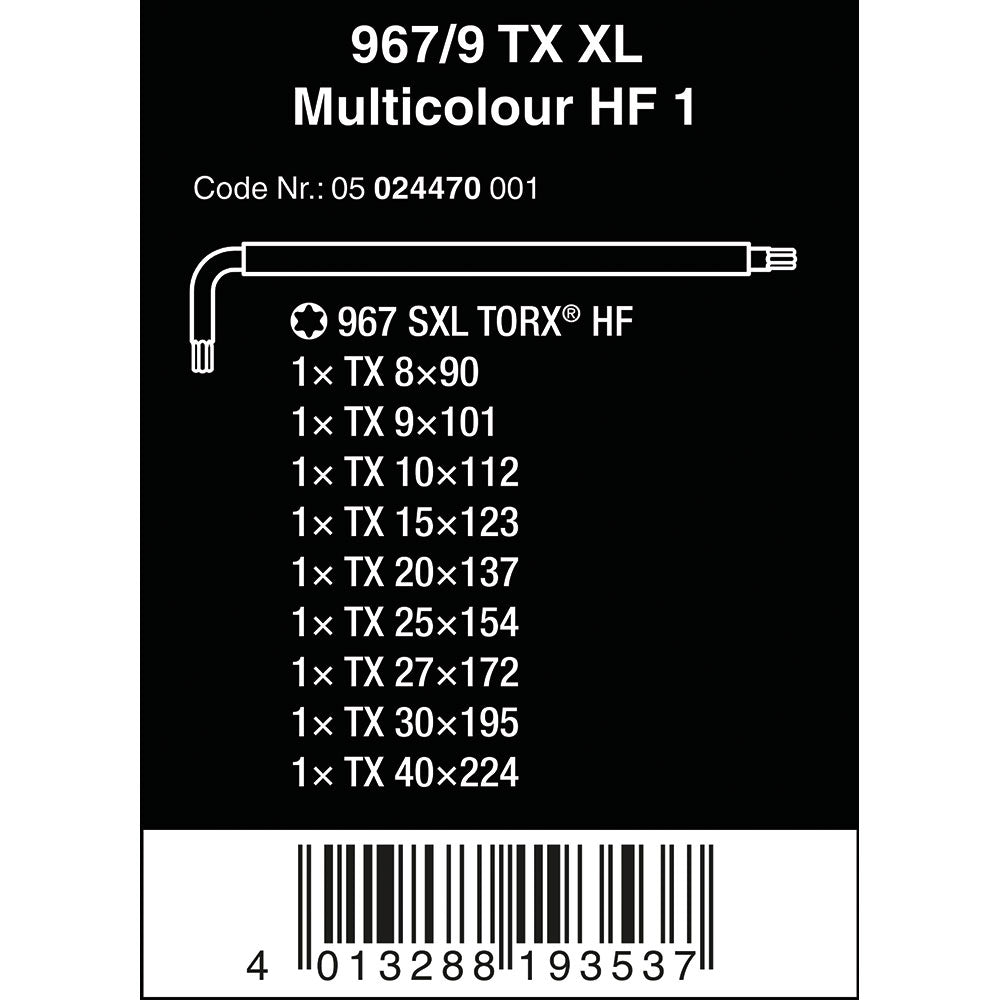 Wera 967 TX XL Multicolour HF 1 Holding-Function BlackLaser Long TORX® L-key set, TX 8-40, 9pc, 05024470001