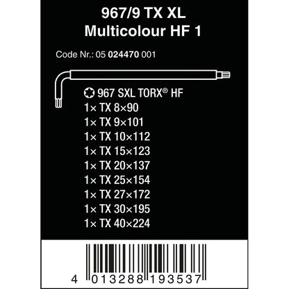 Wera 967 TX XL Multicolour HF 1 Holding-Function BlackLaser Long TORX® L-key set, TX 8-40, 9pc, 05024470001