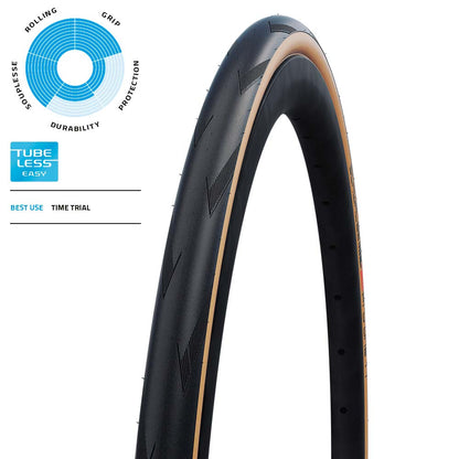 SCHWALBE - Pro One TT Time Trial and Triathlon Tubeless Folding Bike Tire | Multiple Sizes | Evolution Line, Addix Race | Black/Tan