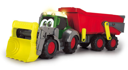 Dickie Toys - Happy Farm Trailer, Fendt Speelgoedtractor met hanger, licht en geluidseffecten, 65 cm, meerkleurig