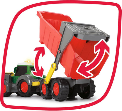 Dickie Toys - Happy Farm Trailer, Fendt Speelgoedtractor met hanger, licht en geluidseffecten, 65 cm, meerkleurig