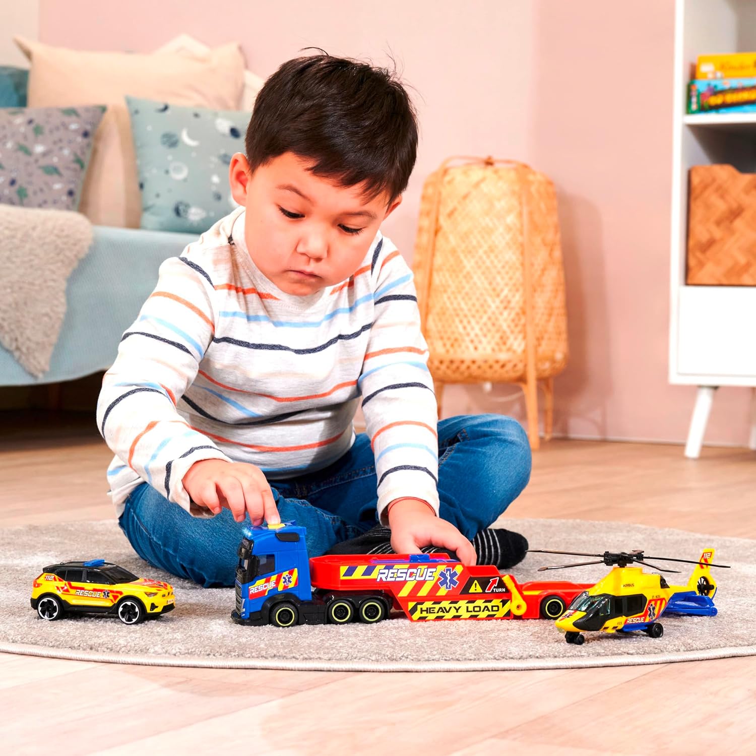 Dickie Toys - VOLVO TRUCK with VAN, CAR & AIRBUS HELICOPTER Set of 3 Rescue Vehicles - Toy Cars for Children from 3 Years, with Accessories and Functions, 40 cm