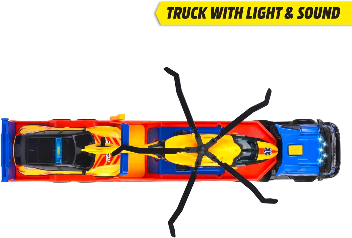 Dickie Toys - VOLVO TRUCK with VAN, CAR & AIRBUS HELICOPTER Set of 3 Rescue Vehicles - Toy Cars for Children from 3 Years, with Accessories and Functions, 40 cm