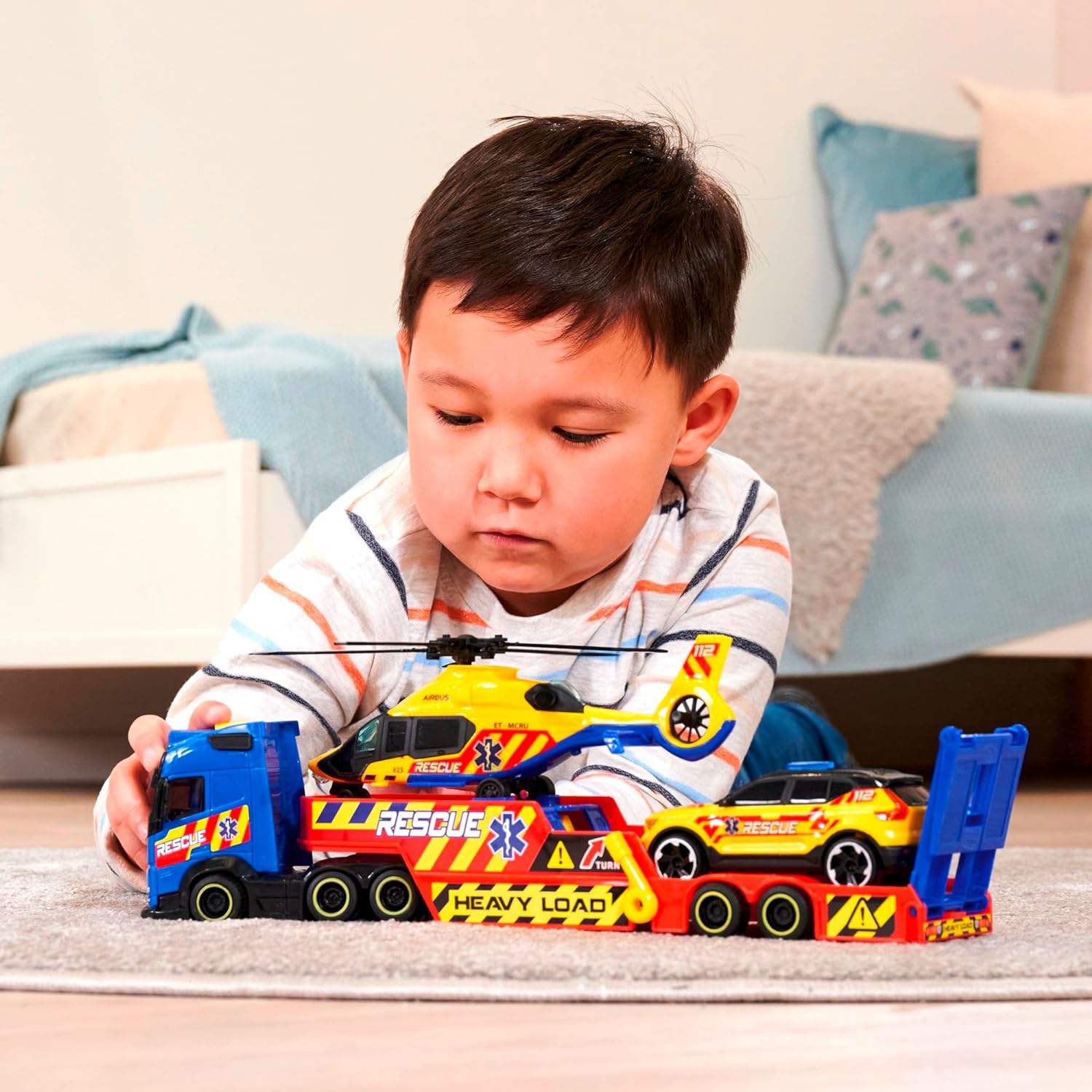 Dickie Toys - VOLVO TRUCK with VAN, CAR & AIRBUS HELICOPTER Set of 3 Rescue Vehicles - Toy Cars for Children from 3 Years, with Accessories and Functions, 40 cm