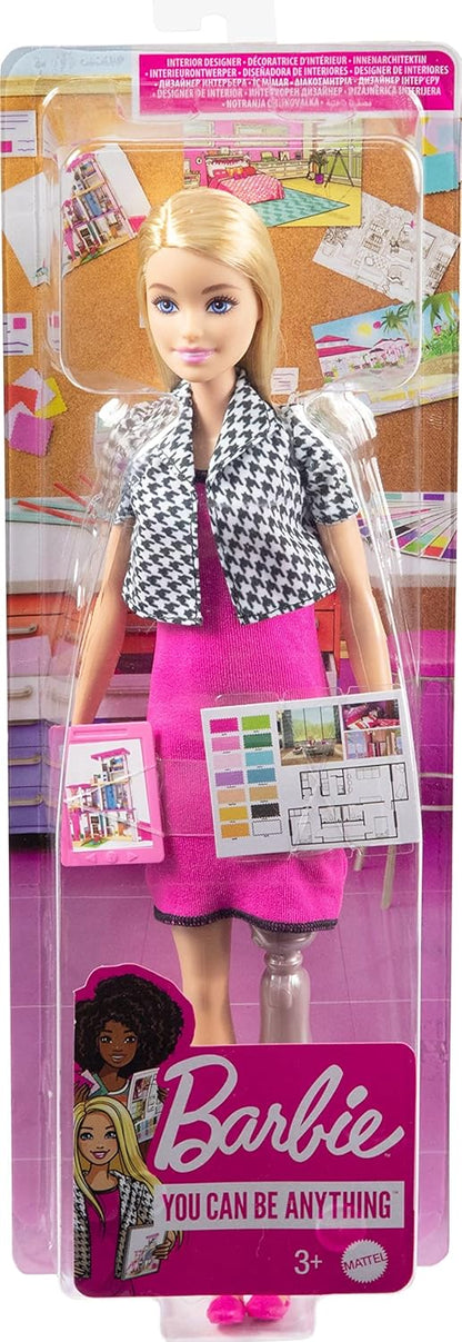 Barbie Interior Designer Doll, Blonde, Pink Dress & Houndstooth Jacket, Prosthetic Leg, Tablet & Design Sheet, Great Gift for Ages 3 Years Old & Up