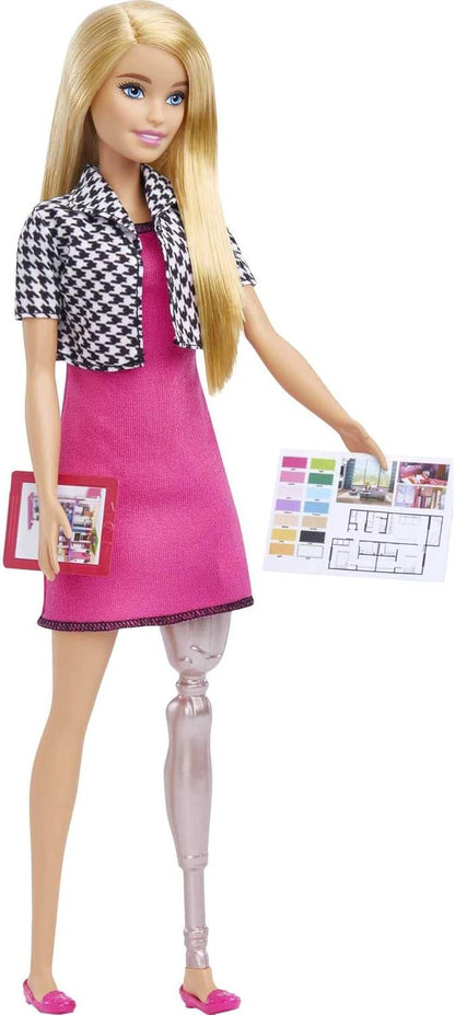 Barbie Interior Designer Doll, Blonde, Pink Dress & Houndstooth Jacket, Prosthetic Leg, Tablet & Design Sheet, Great Gift for Ages 3 Years Old & Up