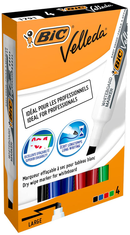 Bic Velleda 1741–Pochette de 4 marqueurs effaçables of sec-pointe biseautée-cétone - 4 Bright Inkjet