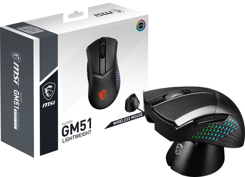 MSI CLUTCH GM51 LIGHTWEIGHT WIRELESS Gaming Mouse - RGB, upto 26000 DPI, low latency, 83g, 150 hours battery life, Swiftspeed, 2.4G/ Bluetooth/ Wired, OMRON Switches, NVIDIA Reflex, MSI Center