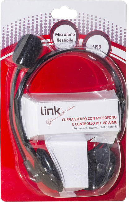 Link CUFFIA CON MICROFONO ORIENTABILE, CONNETTORE USB E CONTROLLO VOLUME, nero