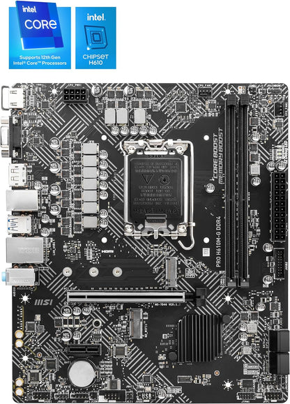 MSI PRO H610M-G DDR4 Motherboard, Micro-ATX - Supports Intel 12th Gen Core Processors, LGA 1700 - 2 x DIMMs (3200MHz), 1x PCIe 4.0 x16 slot, 1 x M.2 Gen3, USB 3.2 Gen1, 1G LAN, HDMI 2.1 & DP 1.4 & VGA