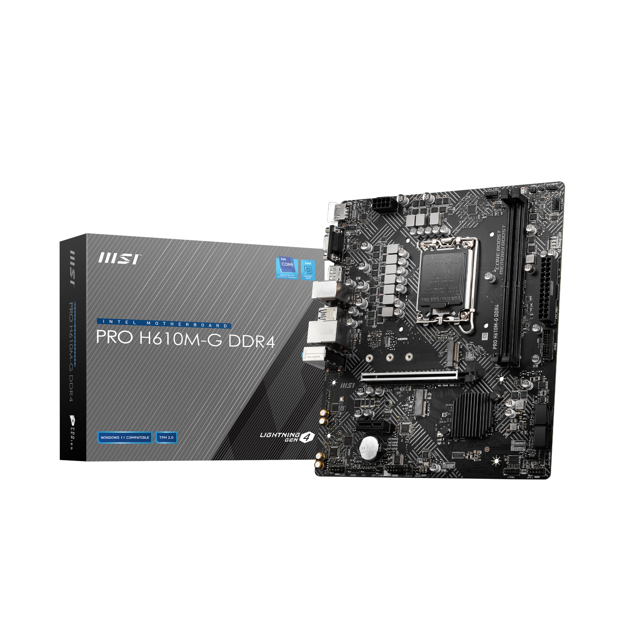 MSI PRO H610M-G DDR4 Motherboard, Micro-ATX - Supports Intel 12th Gen Core Processors, LGA 1700 - 2 x DIMMs (3200MHz), 1x PCIe 4.0 x16 slot, 1 x M.2 Gen3, USB 3.2 Gen1, 1G LAN, HDMI 2.1 & DP 1.4 & VGA
