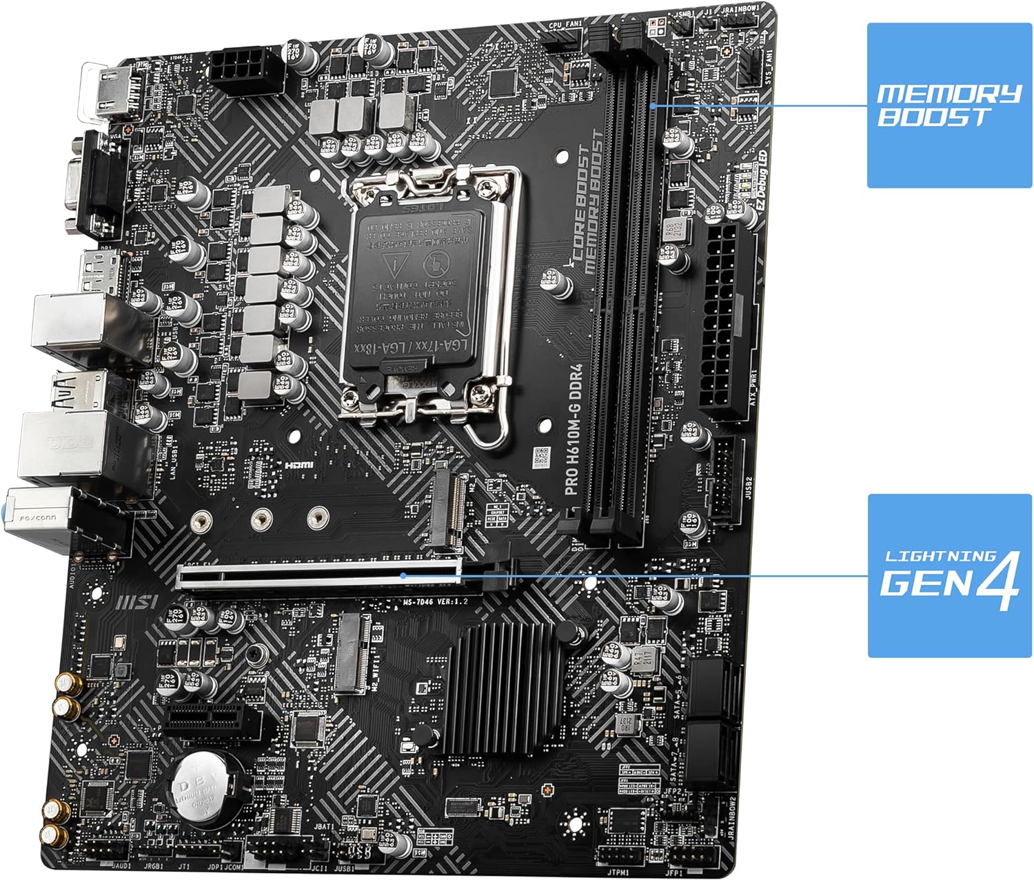 MSI PRO H610M-G DDR4 Motherboard, Micro-ATX - Supports Intel 12th Gen Core Processors, LGA 1700 - 2 x DIMMs (3200MHz), 1x PCIe 4.0 x16 slot, 1 x M.2 Gen3, USB 3.2 Gen1, 1G LAN, HDMI 2.1 & DP 1.4 & VGA