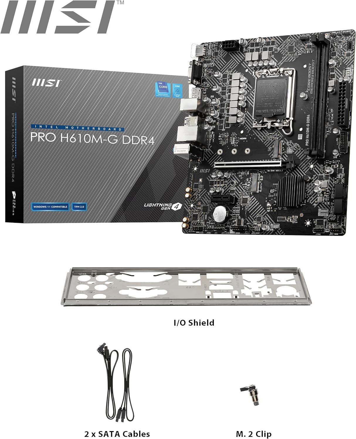 MSI PRO H610M-G DDR4 Motherboard, Micro-ATX - Supports Intel 12th Gen Core Processors, LGA 1700 - 2 x DIMMs (3200MHz), 1x PCIe 4.0 x16 slot, 1 x M.2 Gen3, USB 3.2 Gen1, 1G LAN, HDMI 2.1 & DP 1.4 & VGA