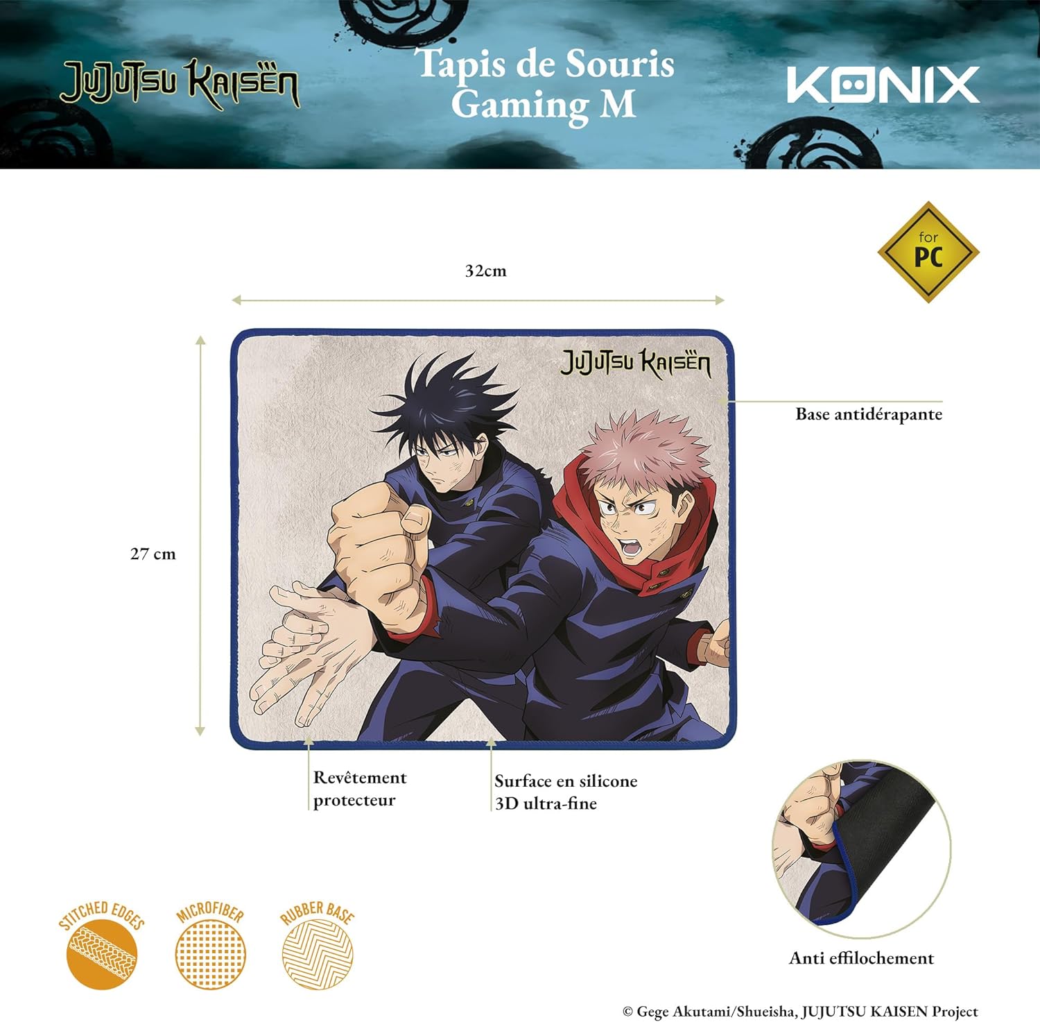 Konix Jujutsu Kaisen Gaming-Mauspad 32 x 27 cm - rutschfeste Basis - Motiv Megumi und Yuji