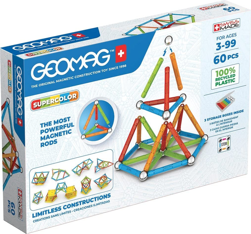 GEOMAG, Supercolor Recycled, Magnetic Constructions, Colorful Bars and Panels, 60-Piece Pack, 100% Recycled Plastic, White (384