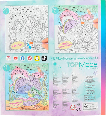 Depesche 12414 12479 TOPModel Mermaid Watercolour, Colouring Book with Brush and 15 Underwater Motifs for Painting with Water