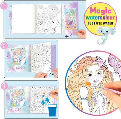 Depesche 12414 12479 TOPModel Mermaid Watercolour, Colouring Book with Brush and 15 Underwater Motifs for Painting with Water
