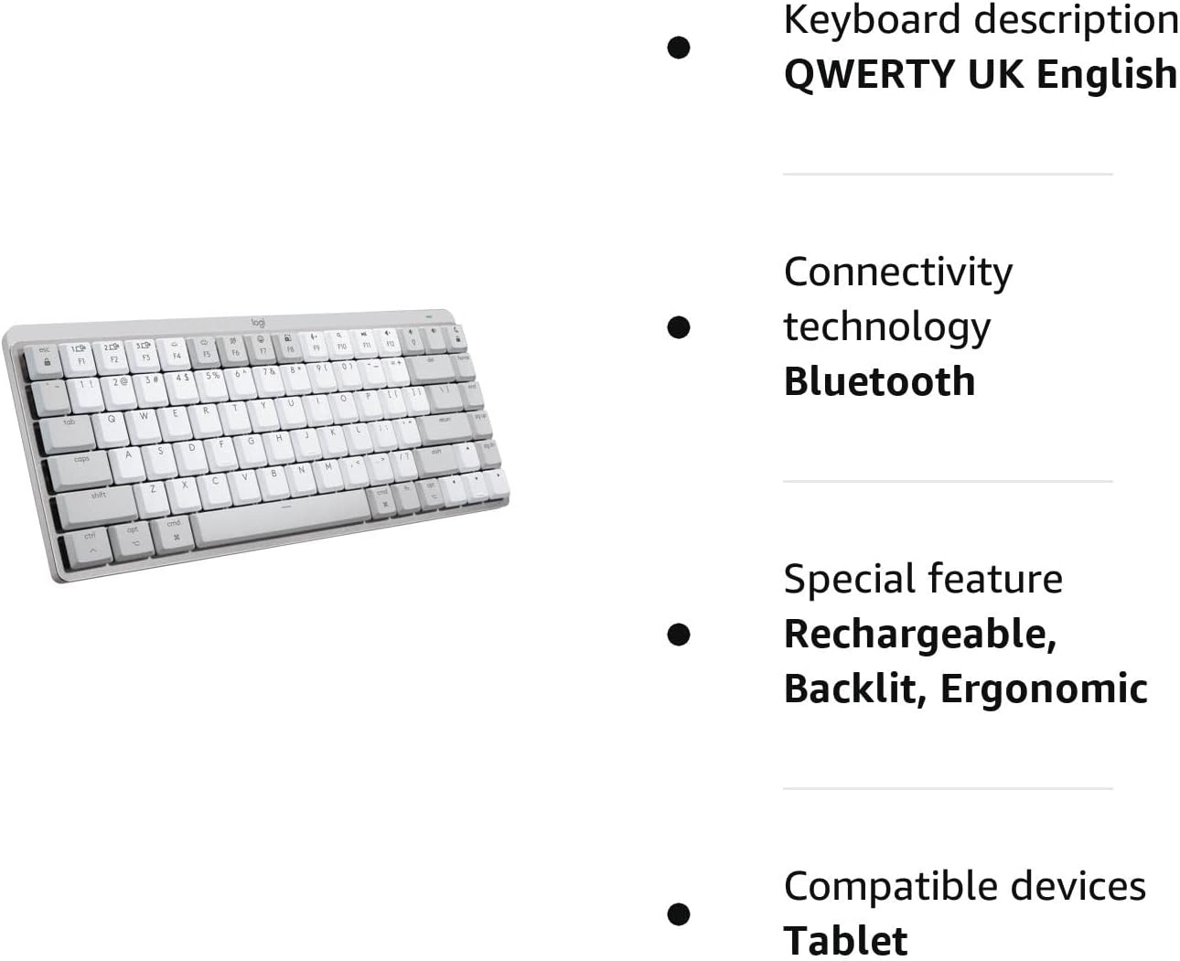 Logitech MX Mechanical Mini for Mac Wireless Illuminated Keyboard, Low-Profile Performance Switches, Tactile Quiet Keys, Backlit, Bluetooth, USB-C, Apple, iPad, QWERTY UK English
