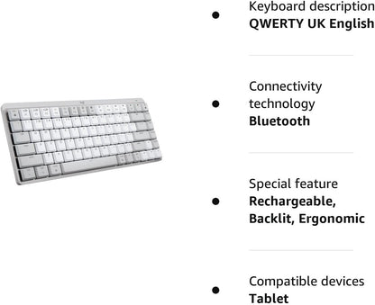 Logitech MX Mechanical Mini for Mac Wireless Illuminated Keyboard, Low-Profile Performance Switches, Tactile Quiet Keys, Backlit, Bluetooth, USB-C, Apple, iPad, QWERTY UK English