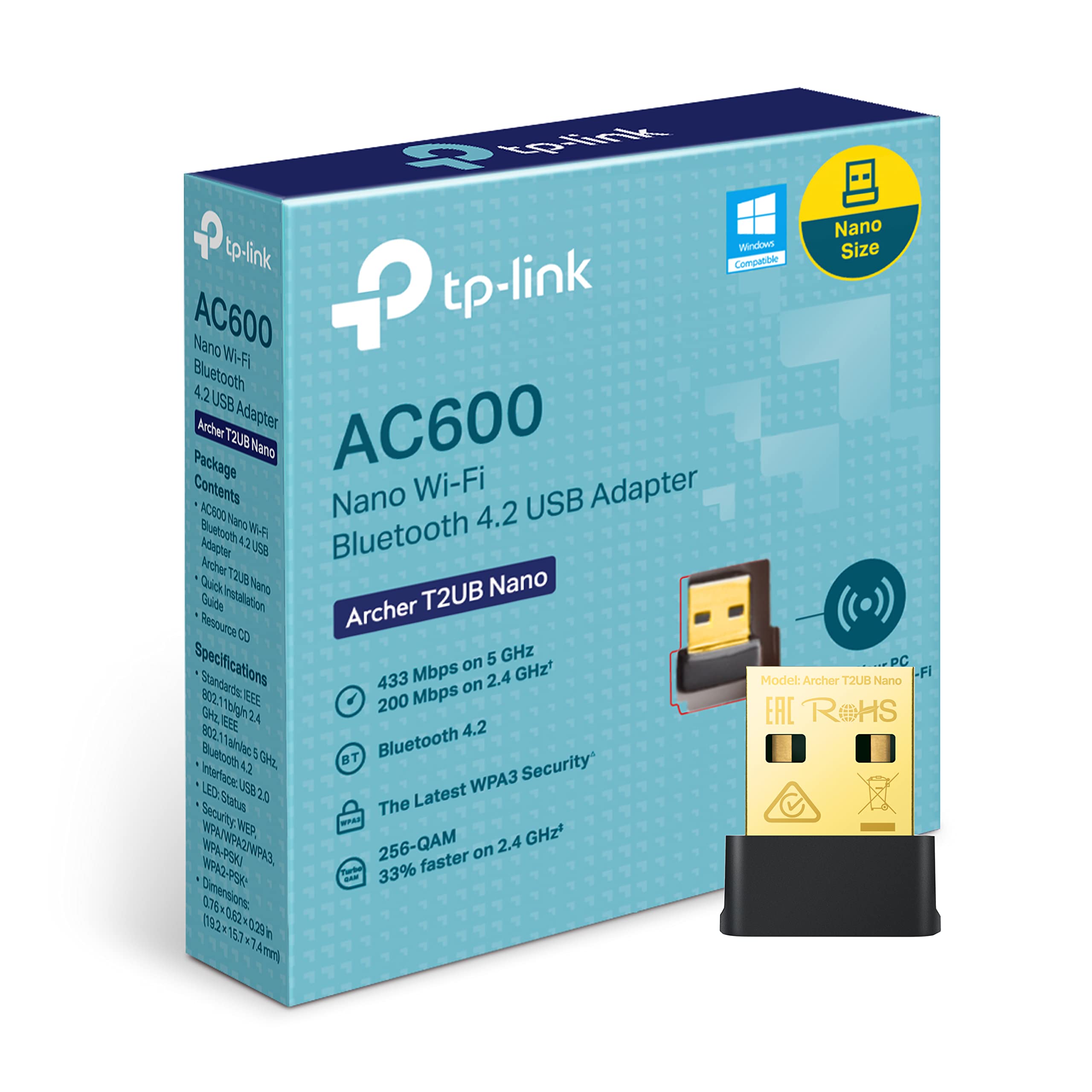 TP-Link AC600 Nano Wi-Fi Bluetooth 4.2 USB Adapter, Dual Band Wireless, Supports Windows 11/10/8.1/8/7 for Wi-Fi, Windows 11/10/8.1/7 for Bluetooth, WPA3 Security, Plug and Play (Archer T2UB Nano