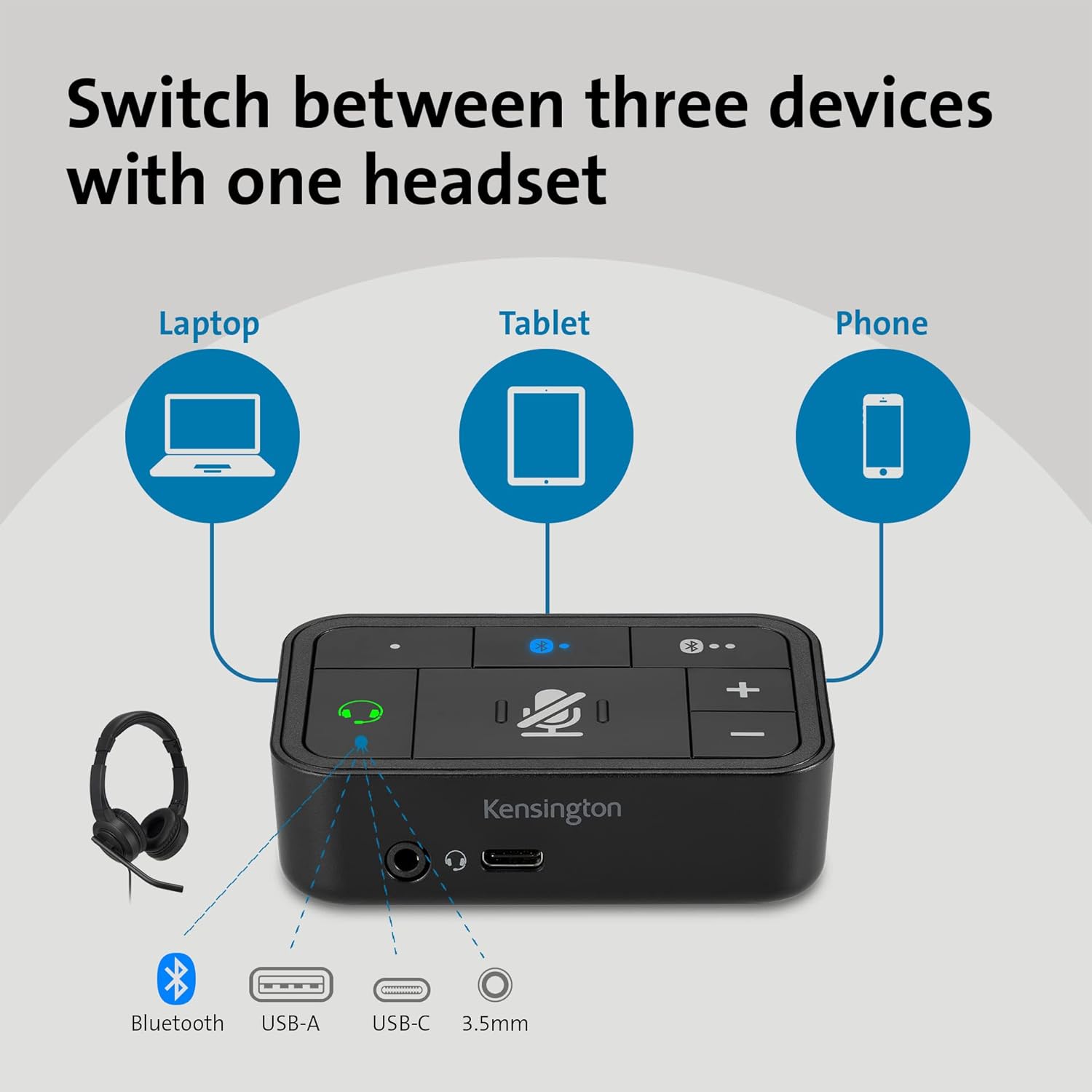 Kensington Universal 3-in-1 Pro Audio Headset Switch, USB-Powered, Alternate Between Devices Quickly & Easily, Ideal for Professional Call Handlers & Remote Working, Windows/ Mac Compatible (K83300WW
