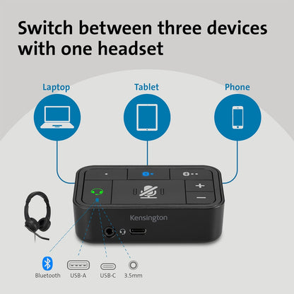 Kensington Universal 3-in-1 Pro Audio Headset Switch, USB-Powered, Alternate Between Devices Quickly & Easily, Ideal for Professional Call Handlers & Remote Working, Windows/ Mac Compatible (K83300WW