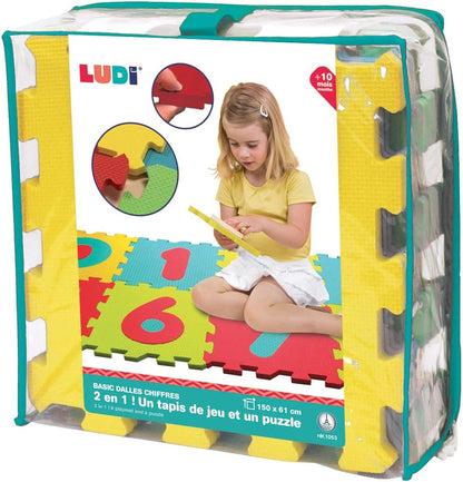 LUDI - Thick groundsheet and educational toy - 1053 - giant puzzle with figures patterns - from 10 months - set of 10 multicolored foam tiles and 10 elements for learning to count. Numbers