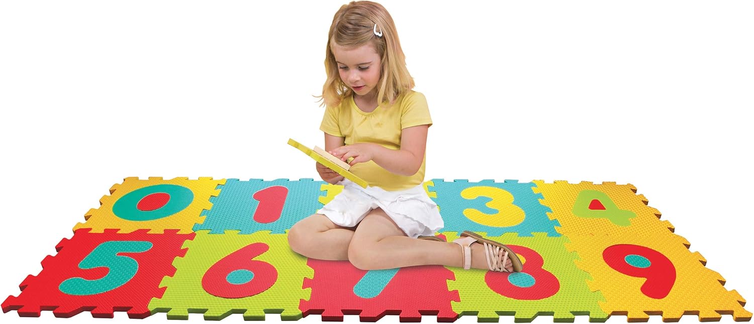 LUDI - Thick groundsheet and educational toy - 1053 - giant puzzle with figures patterns - from 10 months - set of 10 multicolored foam tiles and 10 elements for learning to count. Numbers