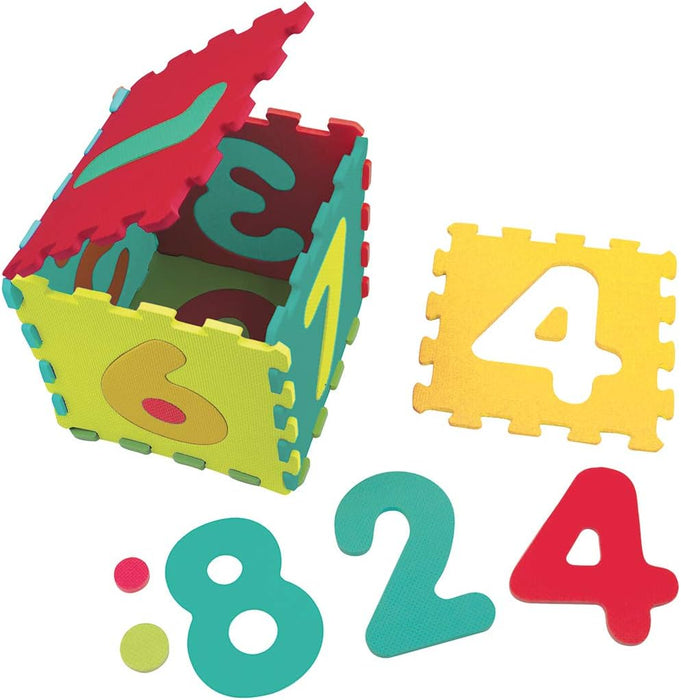 LUDI - Thick groundsheet and educational toy - 1053 - giant puzzle with figures patterns - from 10 months - set of 10 multicolored foam tiles and 10 elements for learning to count. Numbers