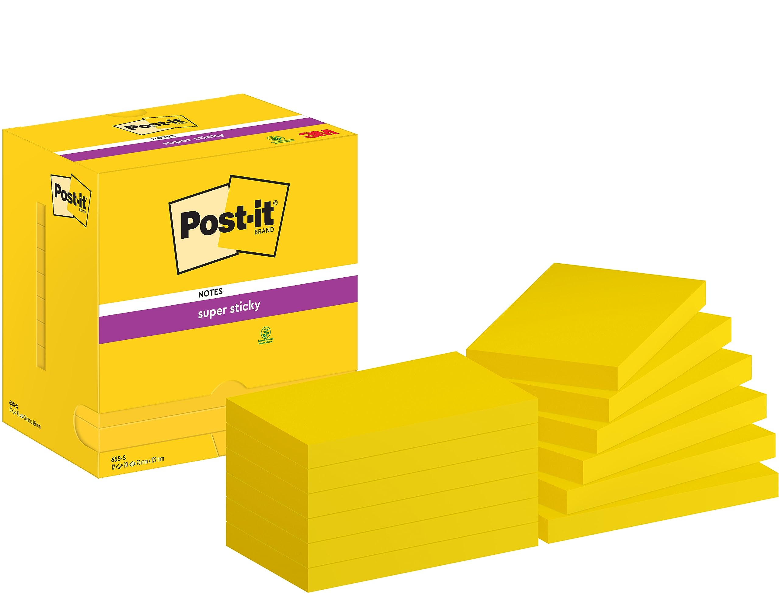 Post-it Super Sticky Notes Ultra Yellow Colour, Pack of 12 Pads, 90 Sheets per Pad, 76 mm x 127 mm - Extra Sticky Notes For Note Taking, To Do Lists & Reminders