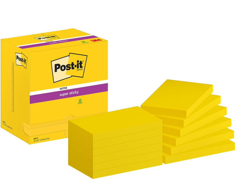 Post-it Super Sticky Notes Ultra Yellow Colour, Pack of 12 Pads, 90 Sheets per Pad, 76 mm x 127 mm - Extra Sticky Notes For Note Taking, To Do Lists & Reminders