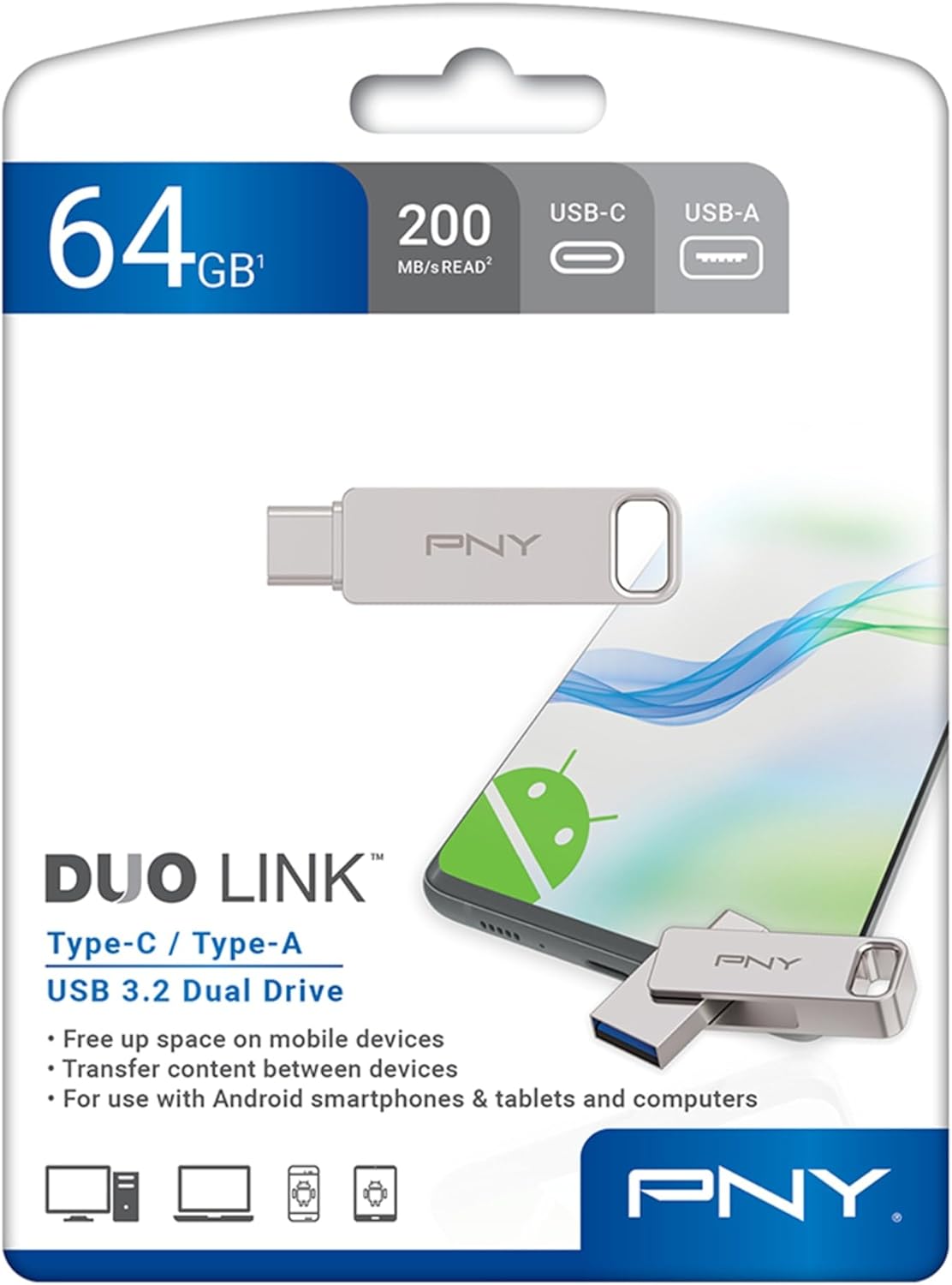 PNY 64GB DUO LINK USB 3.2 Type-C Dual Flash Drive for Android Devices and Computers - External Mobile Storage for Photos, Videos, and More - 200MB/s
