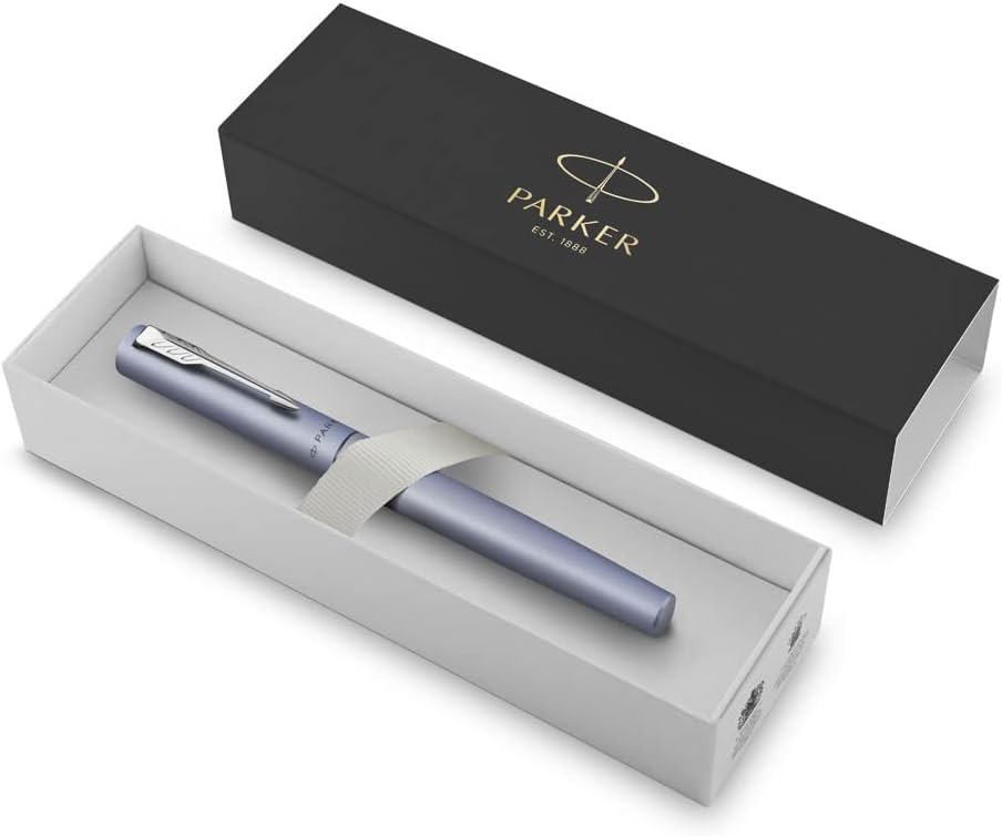 Parker Vector XL Fountain Pen | Metallic Silver-Blue Lacquer on Brass | Medium Nib with Blue Ink Refill | Gift Box silver blue Medium nib Gift Box