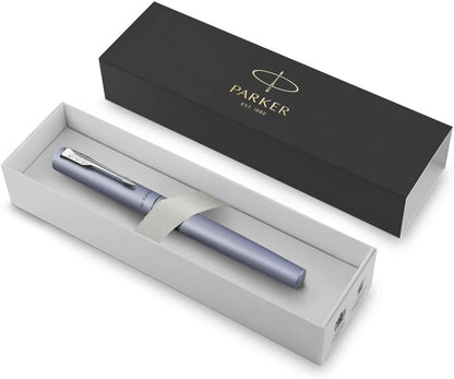 Parker Vector XL Fountain Pen | Metallic Silver-Blue Lacquer on Brass | Medium Nib with Blue Ink Refill | Gift Box silver blue Medium nib Gift Box