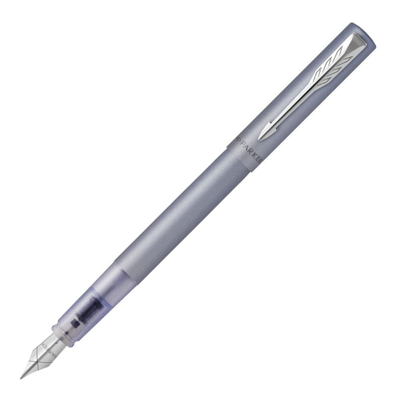 Parker Vector XL Fountain Pen | Metallic Silver-Blue Lacquer on Brass | Medium Nib with Blue Ink Refill | Gift Box silver blue Medium nib Gift Box