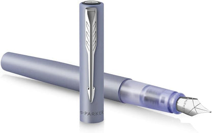 Parker Vector XL Fountain Pen | Metallic Silver-Blue Lacquer on Brass | Medium Nib with Blue Ink Refill | Gift Box silver blue Medium nib Gift Box