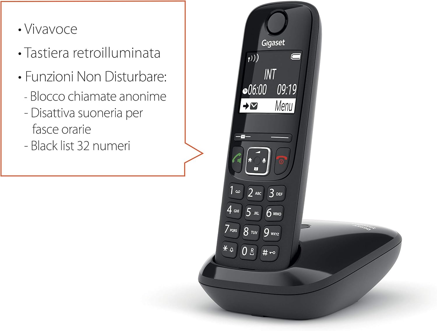 Gigaset AS690 - Teléfono portátil inalámbrico con Manos Libres, Teclado Iluminado y Amplia Pantalla, Lista Negra, Lista de Llamadas Hechas, Recibos y perdidas, Negro