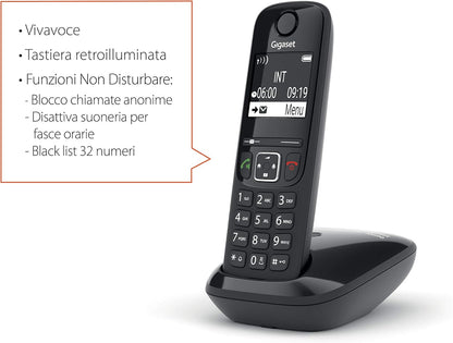 Gigaset AS690 - Teléfono portátil inalámbrico con Manos Libres, Teclado Iluminado y Amplia Pantalla, Lista Negra, Lista de Llamadas Hechas, Recibos y perdidas, Negro