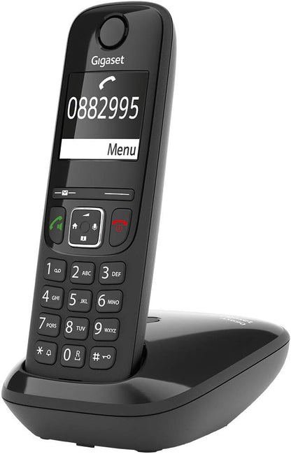 Gigaset AS690 - Teléfono portátil inalámbrico con Manos Libres, Teclado Iluminado y Amplia Pantalla, Lista Negra, Lista de Llamadas Hechas, Recibos y perdidas, Negro