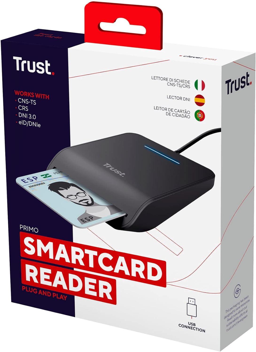 Trust Primo Smart ID Card Reader, DNI, FIPS 201, FIPS TAA and ISO 7816 Class A, B, C Compliant, 100cm Cable, Spanish/Portuguese/Italian, Secure Login, USB Card Reader Compatible with Windows/Mac