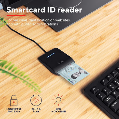 Trust Primo Smart ID Card Reader, DNI, FIPS 201, FIPS TAA and ISO 7816 Class A, B, C Compliant, 100cm Cable, Spanish/Portuguese/Italian, Secure Login, USB Card Reader Compatible with Windows/Mac