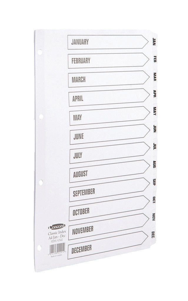 Concord Classic Index Mylar-reinforced Punched 4 Holes Jan-Dec A4 White Ref 02201/CS22