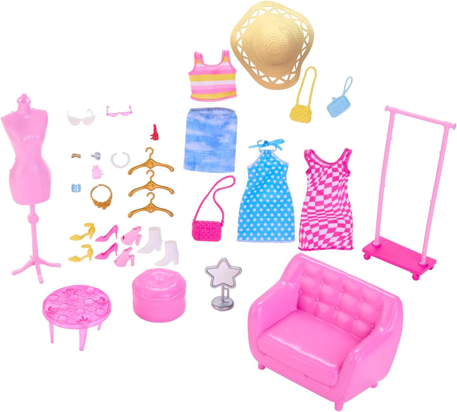 Barbie Doll and Fashion Set, Barbie Clothes with Closet Accessories like Rack and Mannequin, 32 Storytelling Pieces, HPL78