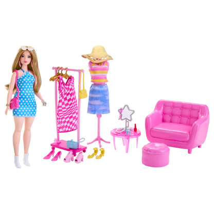 Barbie Doll and Fashion Set, Barbie Clothes with Closet Accessories like Rack and Mannequin, 32 Storytelling Pieces, HPL78