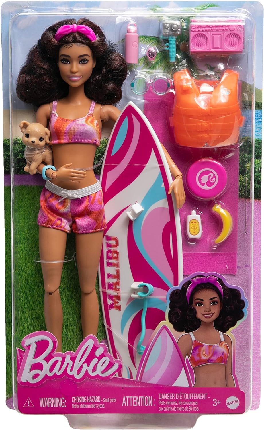 Barbie Doll with Surfboard and Pet Puppy, Poseable Brunette Beach Doll with Themed Accessories like Towel and Stereo, HPL69